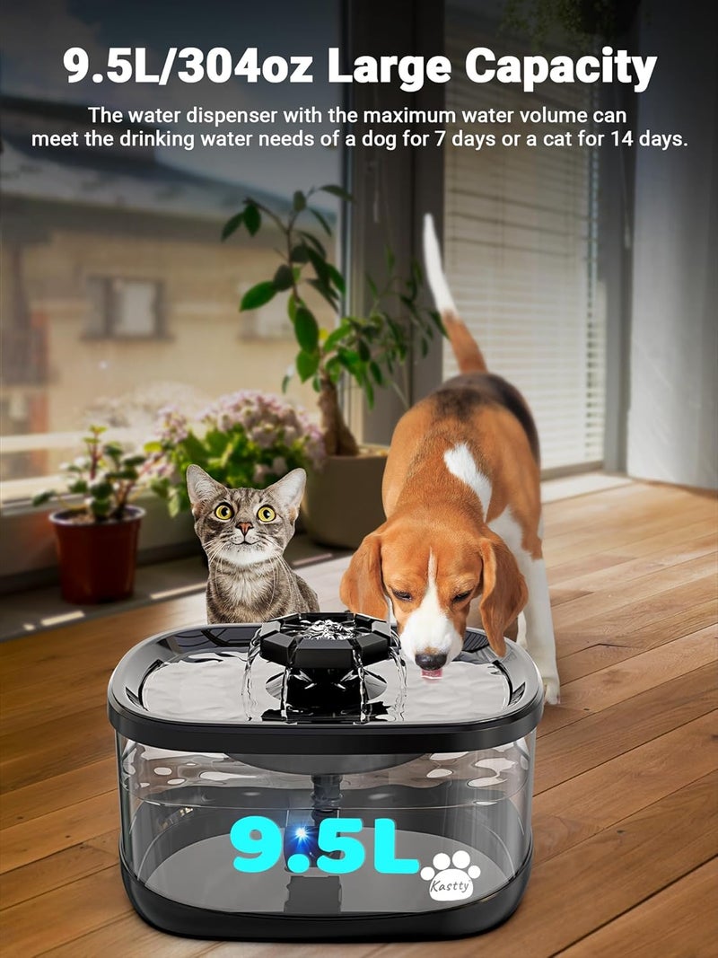 Kastty 2.5Gal/9.5L Dog Water Fountain 3 Flow Modes Cat Fountain with 2 Flower Spouts& 7" Larger Filter Super Filtration& Smart 3 in 1 LED Safe Pump, BPA-Free, Quiet for Large Dogs& Multi Pets(FS68) - Image 2